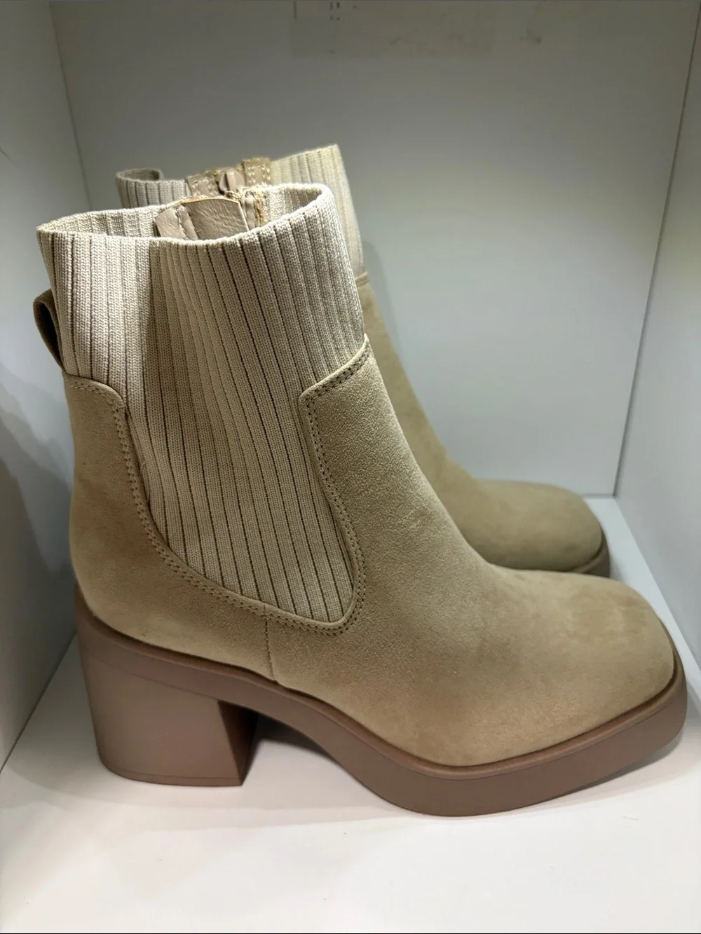 SM New York Cream Suede Rib-Knit Ankle Booties